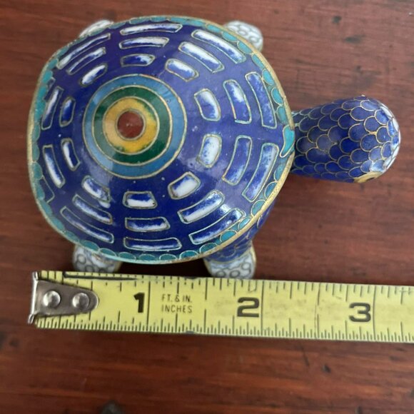 VINTAGE REAL CLOISONNÉ turtle trinket box. Miniature 3 inches. BRASS - Picture 9 of 9